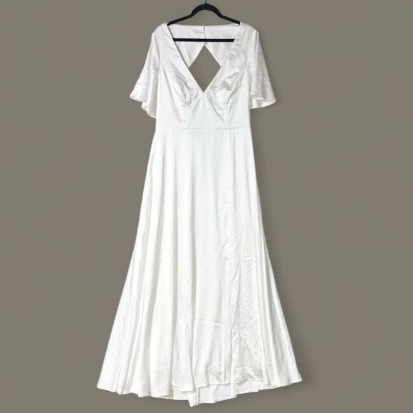 Lulus Elegant Confidence White Satin Flutter Sleeve Cutout Maxi Dress Size XL Ne - Picture 5 of 13